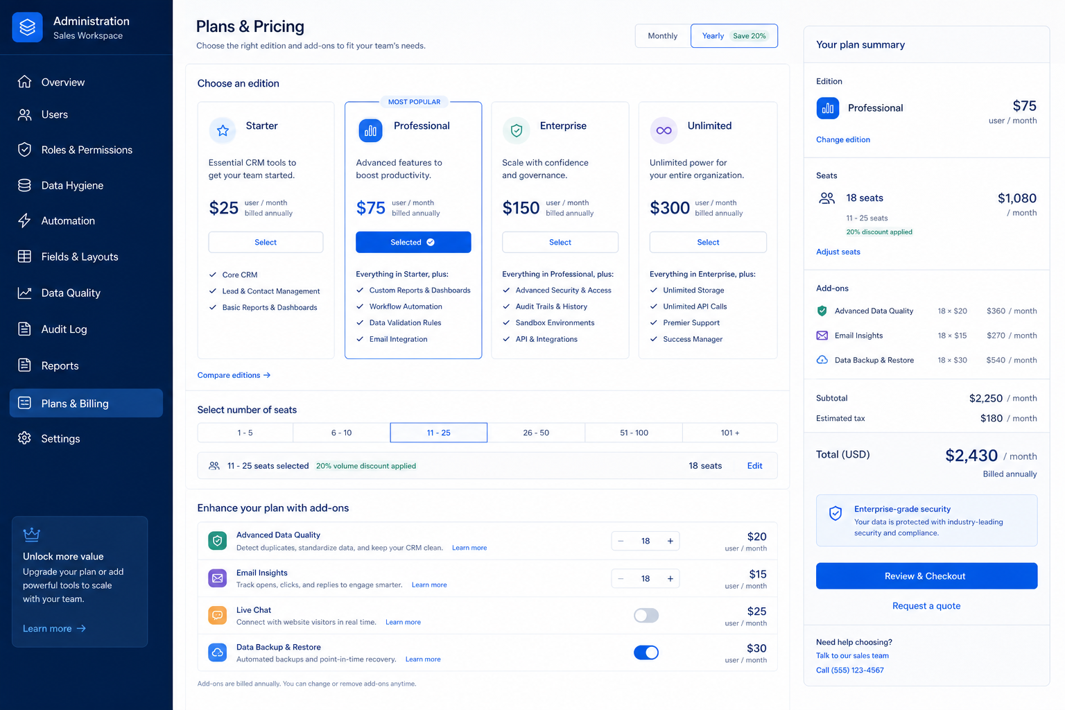 Salesforce plans hero: must-haves mapping to qualifying plan tiers — no invented totals.