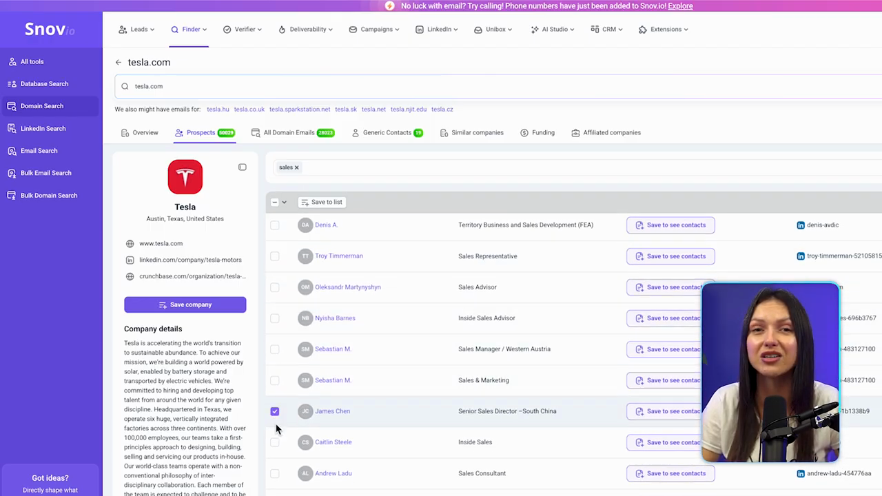 Snov.io Domain Search prospects list for a company domain